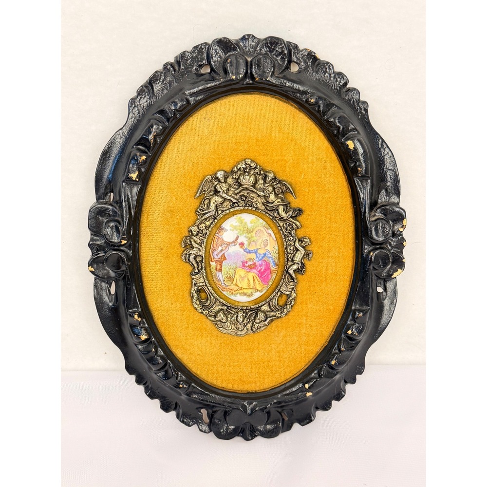 Vintage Fragonard Porcelain Plaque Cherub Brass Velvet Hollywood Regency Frame